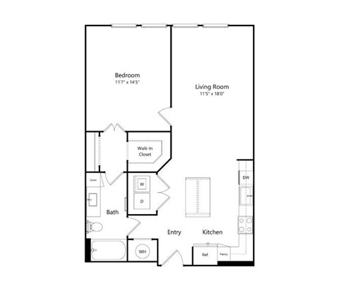 A floor plan of a room with a bedroom, living room, bathroom, entry and kitchen.